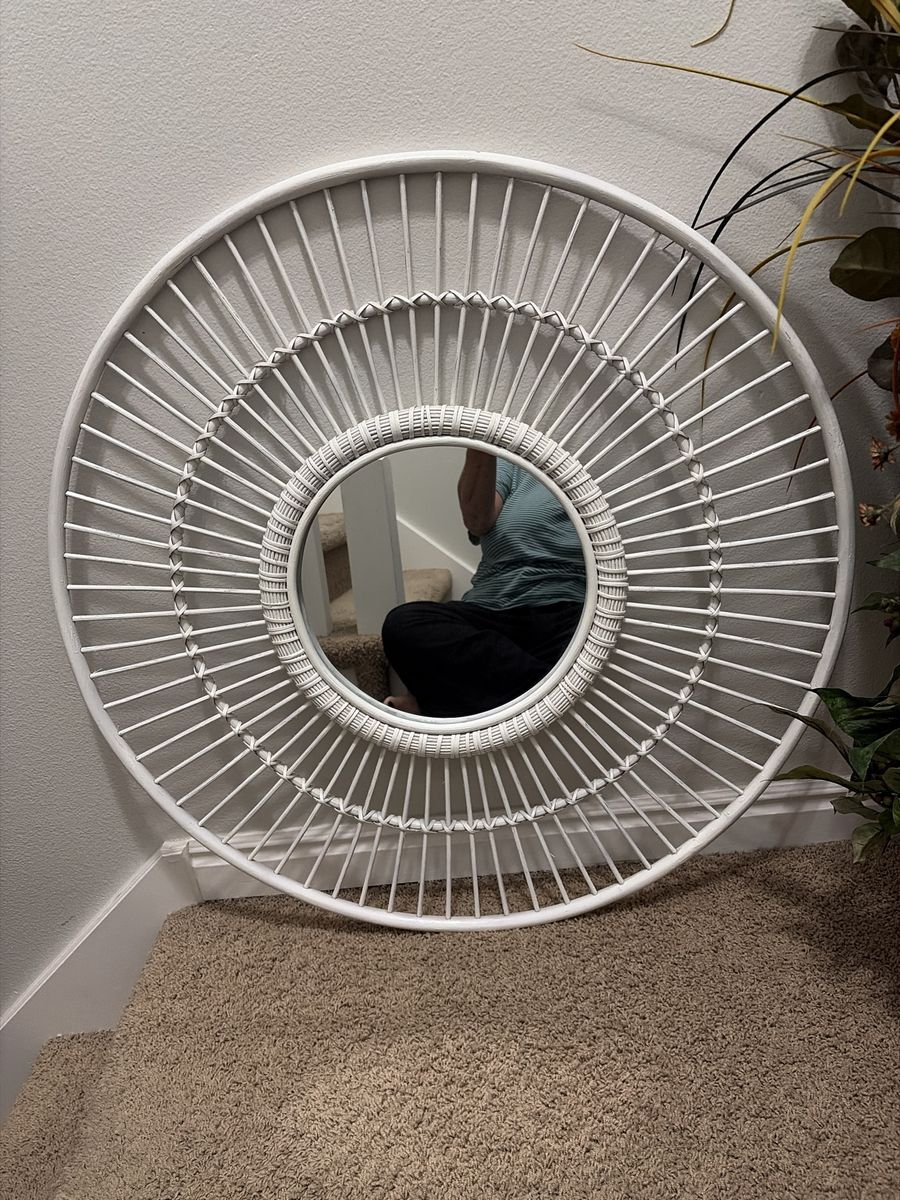 White Round Rattan Wicker Wall Mirror 24" Sunburst Boho Decor