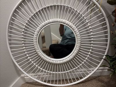 White Round Rattan Wicker Wall Mirror 24" Sunburst Boho Decor