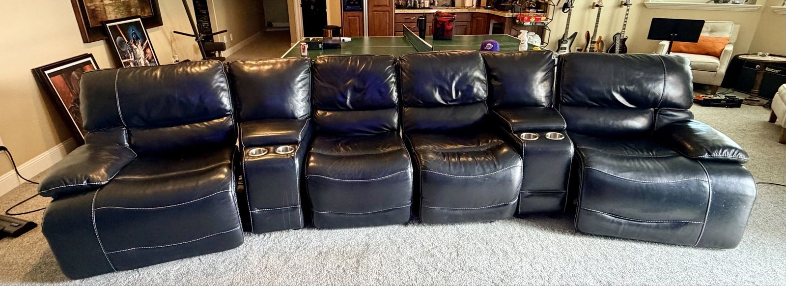 Black Leather Reclining theater  Sofa with Cupholders - Great Condition