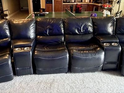 Black Leather Reclining theater Sofa with Cupholders - Great Condition