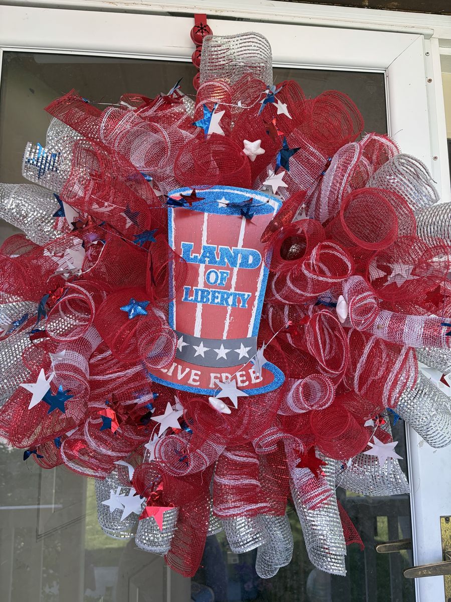 Handmade Patriotic Mesh Wreath - Land of Liberty / Bold Stripes Door Decor