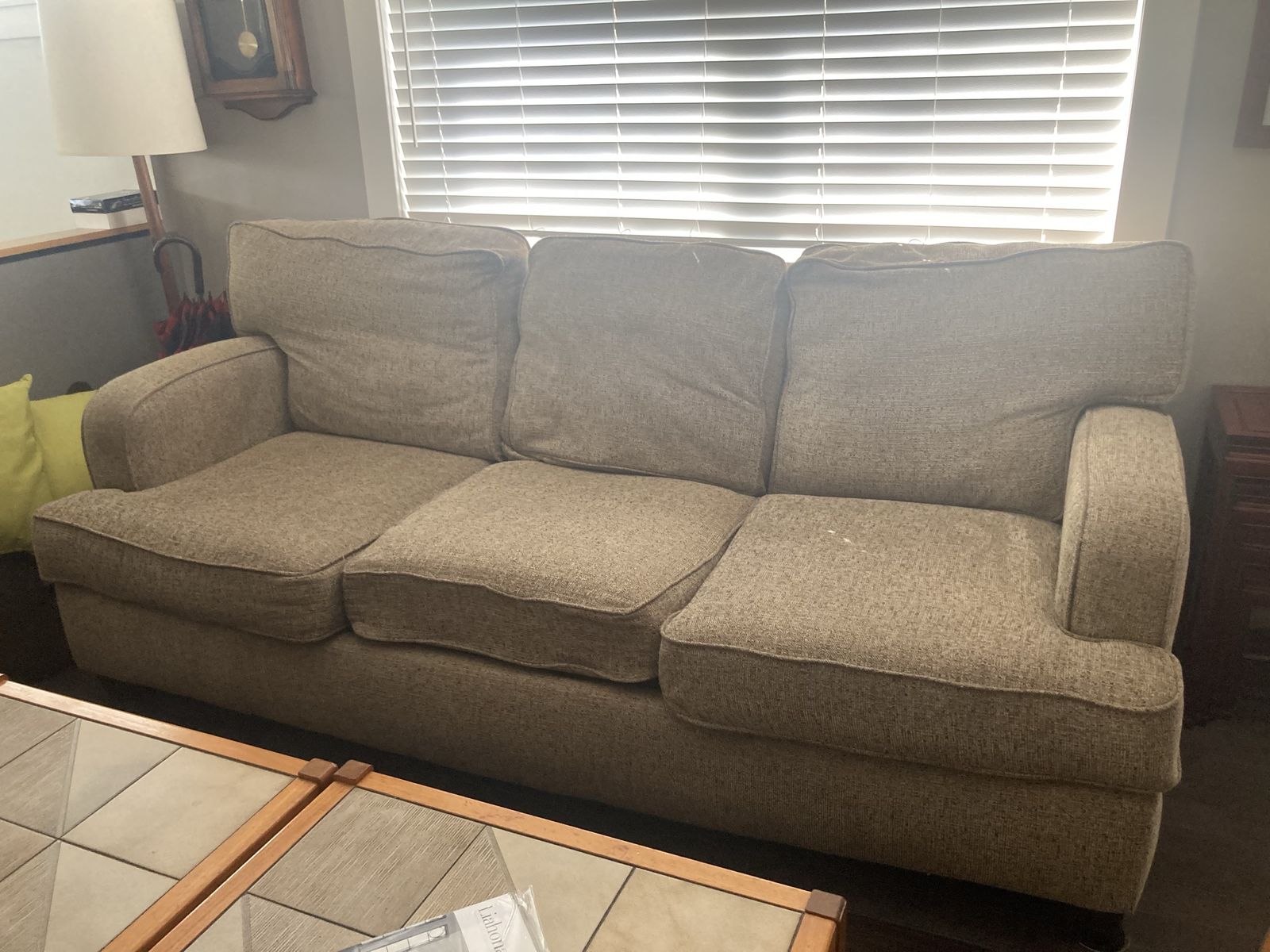 Cozy Three-Seater Fabric Sofa - Neutral Beige/Gray Upholstery