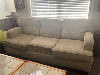 Cozy Three-Seater Fabric Sofa - Neutral Beige/Gray Upholstery