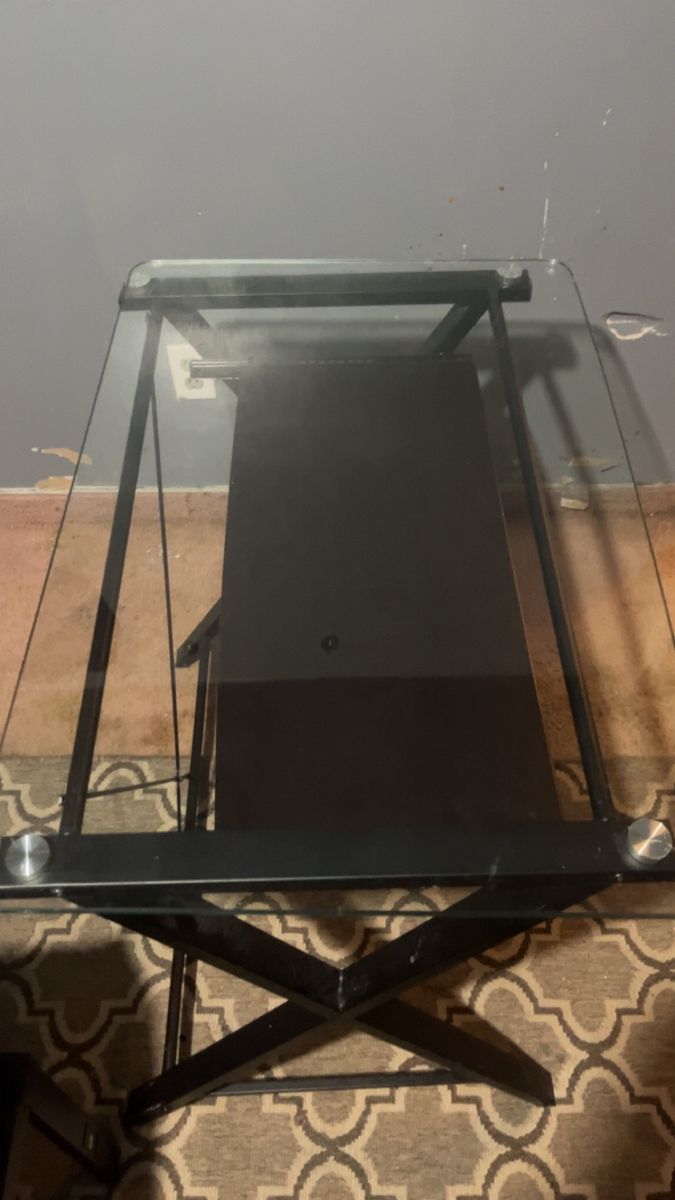 Modern Glass & Black Metal X-Frame End Table with Shelf