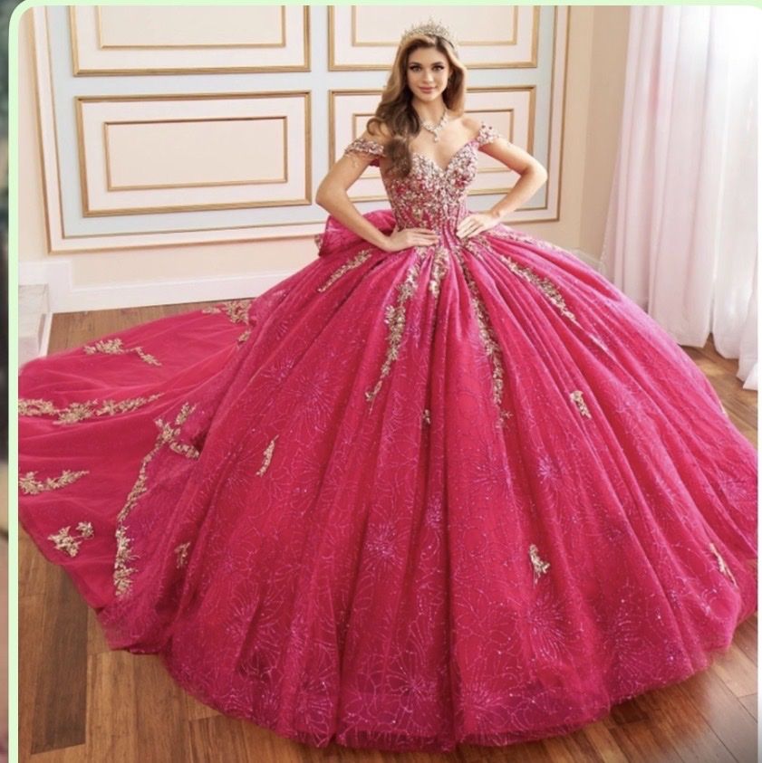 Stunning Hot Pink Ball Gown Quinceañera Dress with Gold Embroidery