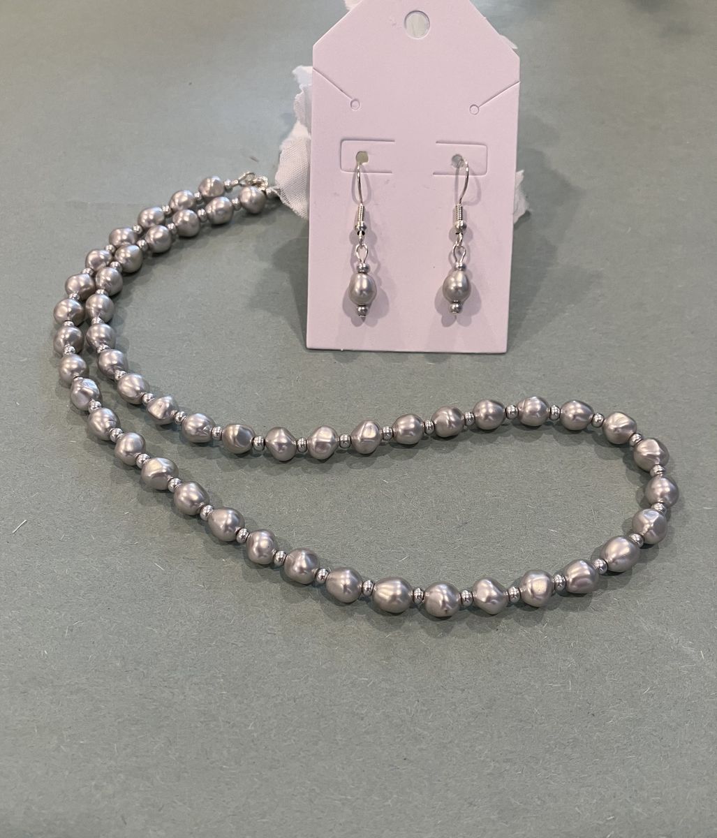 Pearl Gray Beaded Necklace & Matching Drop Style Earrings