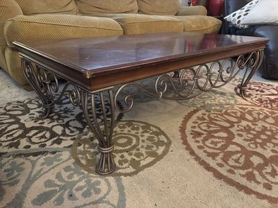 Vintage 1980's Wood Top & Wrought Metal Base