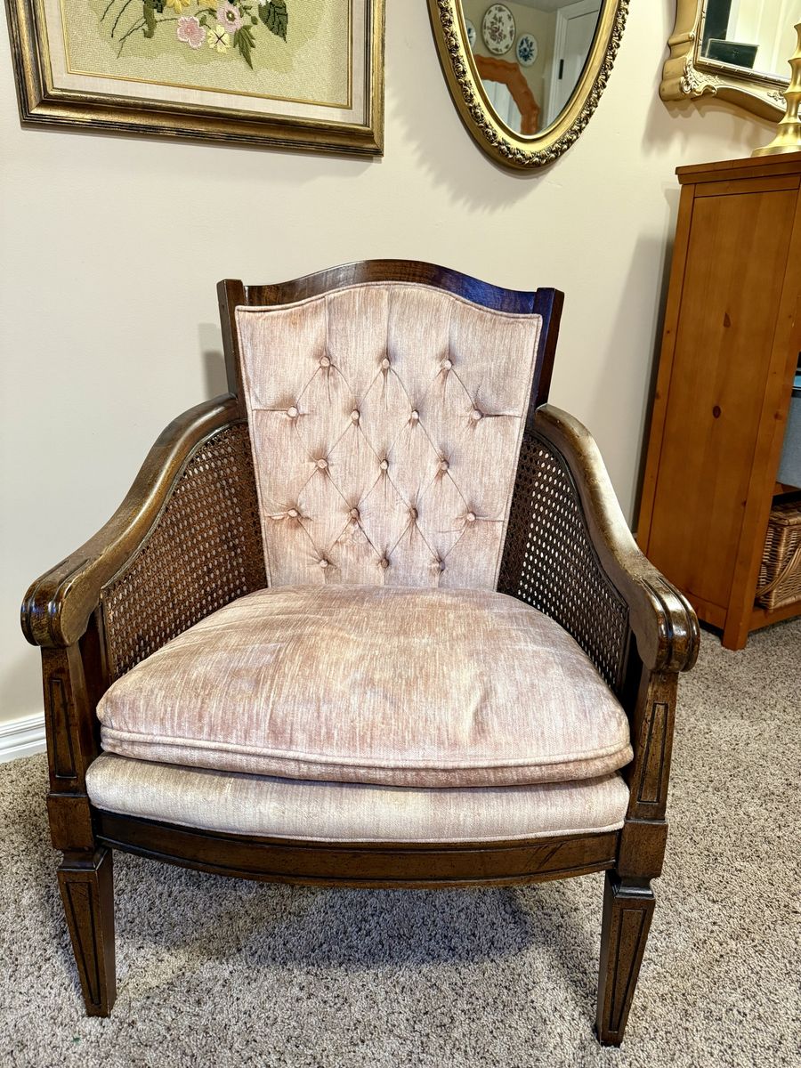 Vintage MCM Lewittes Light Pink Upholstered Cane & Wood Chair 