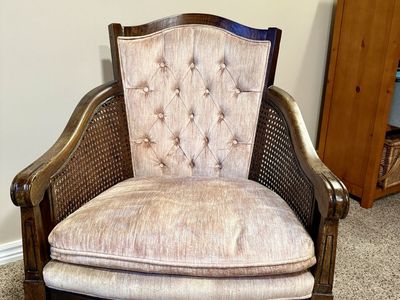 Vintage MCM Lewittes Light Pink Upholstered Cane & Wood Chair