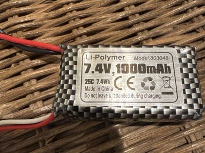 Li-Polymer 7.4V, 1000mAh RC Battery Model 803048, 25C 7.4Wh - Made in China