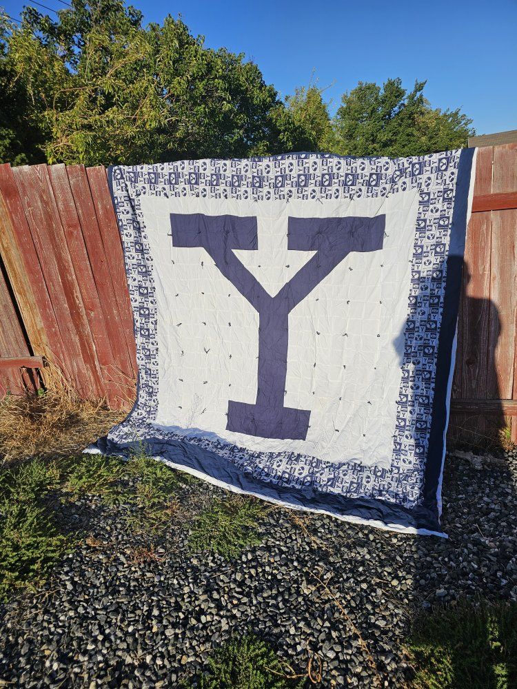 BYU Cougars Handcrafted Tied Quilt Blanket Blue and White Collegiate. king sized.
