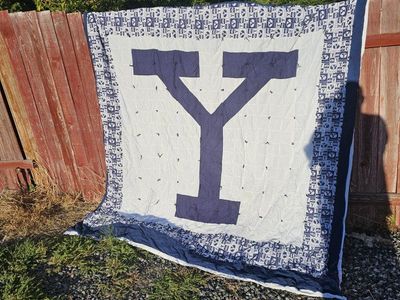 BYU Cougars Handcrafted Tied Quilt Blanket Blue and White Collegiate. king sized.