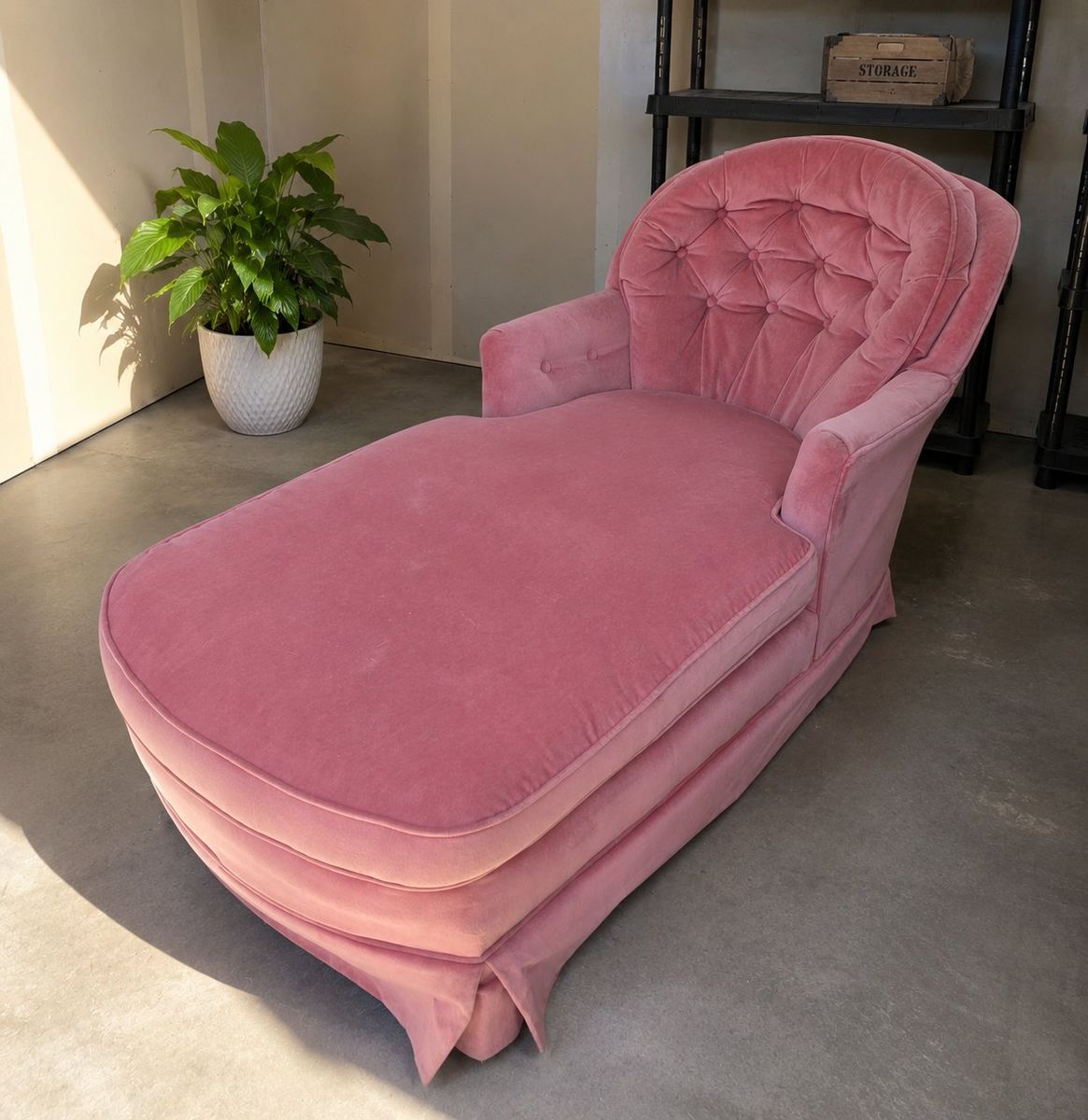 Vintage Pink Velvet Tufted Chaise Lounge Chair with Skirted Base