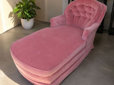 Vintage Pink Velvet Tufted Chaise Lounge Chair with Skirted Base