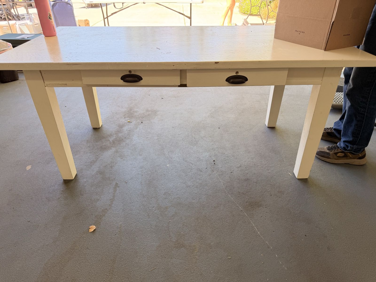 Vintage 1940s Library Table - 3' x 6' White Wood Desk with 2 Drawers