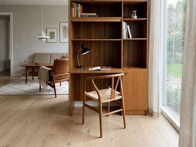 Vintage Mid Century Teak Wall Unit w/Floating Desk & Bookcase Hutch Compact Home Office Shelving System w/Lower Cabinet
