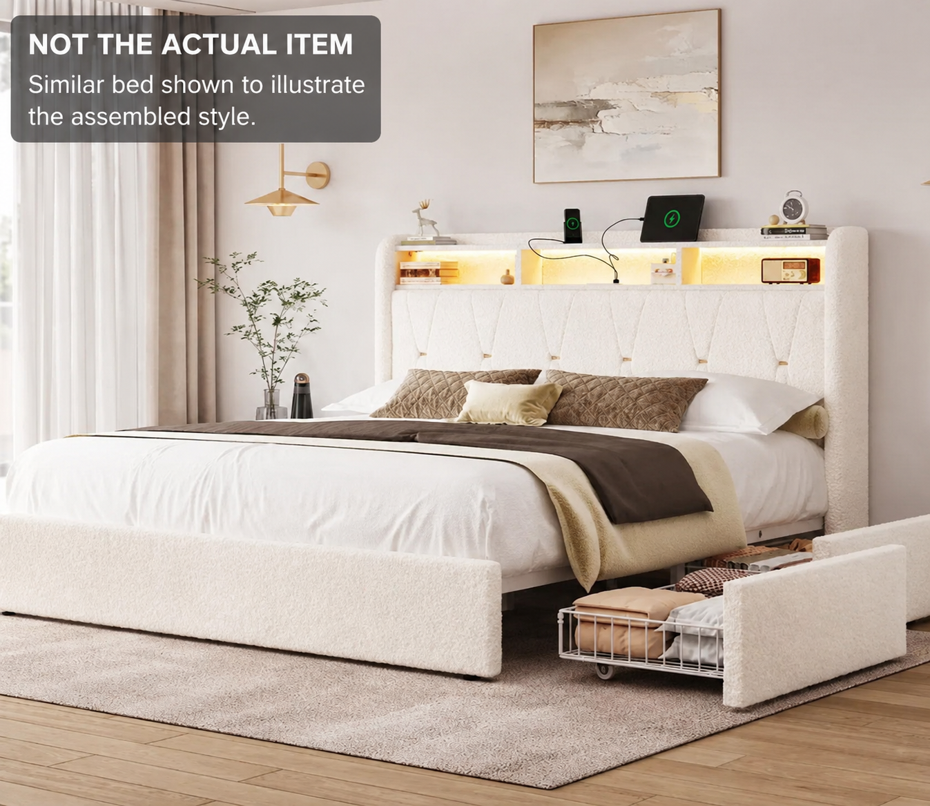 Full Size Upholstered Bed Frame w/ LED Lights, USB & 4 Drawers - New in Box