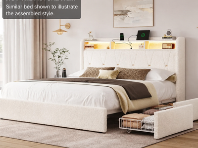 Full Size Upholstered Bed Frame w/ LED Lights, USB & 4 Drawers - New in Box
