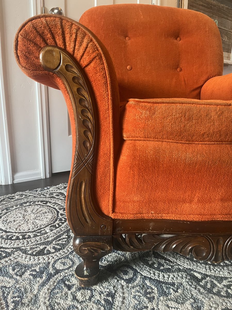 Orange Arm Chair, Vintage Burnt Orange Accent Chair, Solid Wood Details, Retro / Boho / Mid Century Vibes