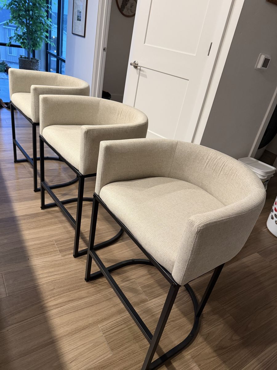 Set of 3 Modern Upholstered Counter Stools with Black Metal Base (minimal use) 