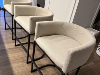 Set of 3 Modern Upholstered Counter Stools with Black Metal Base (minimal use)