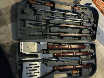 Stainless Steel BBQ Tool Set with Wooden Handles and Carrying Case