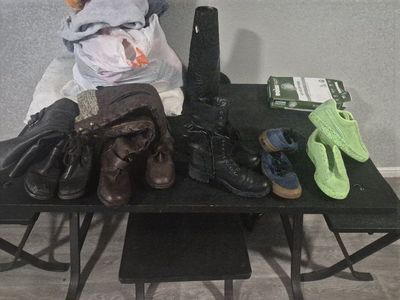 Assorted Women's Boots & Sneakers - Black Combat, Brown Buckle Boots, Blue Vans, Green Puma