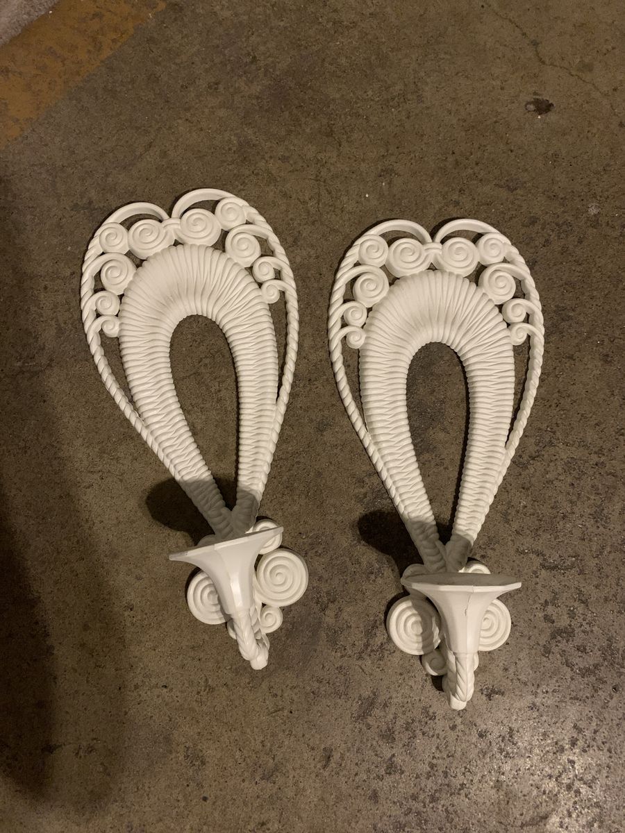 VINTAGE circa 1975- Pair of White Wicker Style Wall Sconces Candle Holders