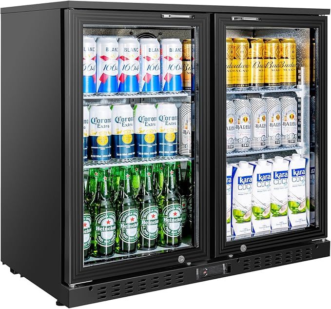 Back Bar Cooler with 2 Glass Doors Commercial Under Counter Beverage Refrigerator 7.4 Cu.ft. Black