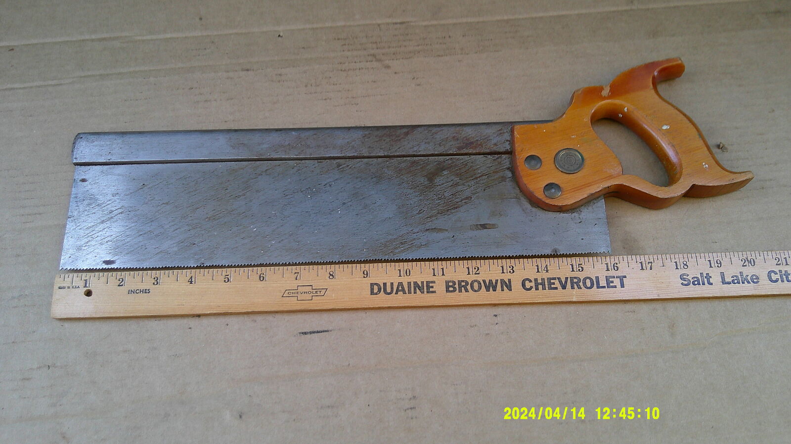 Mitre Box Saw Henry Disston & Son Previous Owners Initials Carved in Handle. 16" By 4&1/2" $15