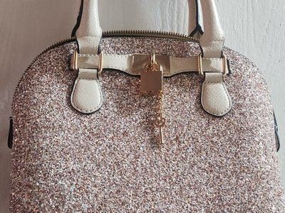 ALDO Glitter Dome Satchel Handbag - Sparkly Champagne with Lock & Key Charm