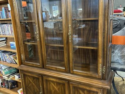 Elegant Wood China Cabinet Display Hutch with Glass Doors & Storage, Ornate Brass Hardware