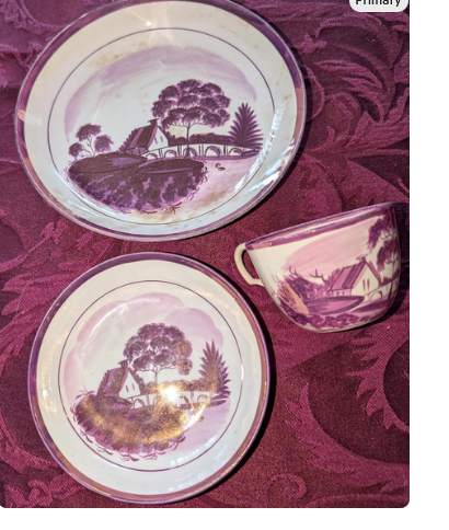 Antique 1800s Rare Sunderland Luster Ware Settle England Pink Plate Set - 2 Plates & Tea Cup