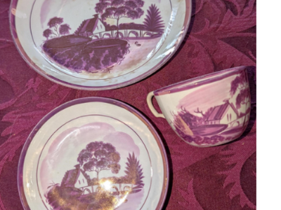 Antique 1800s Rare Sunderland Luster Ware Settle England Pink Plate Set - 2 Plates & Tea Cup