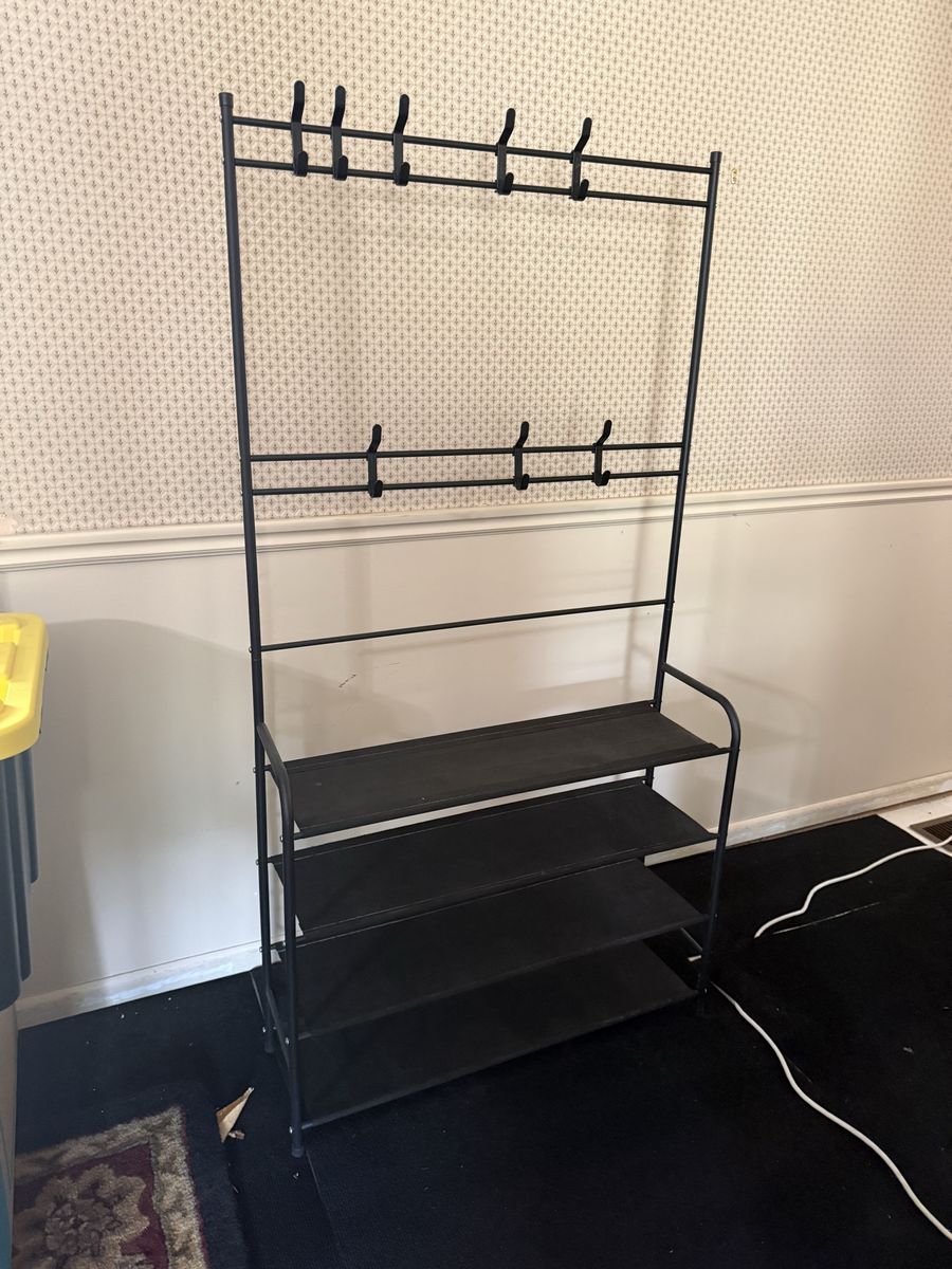 Black Metal Hall Tree with 3 Shoe Shelves & 8 Coat Hooks - Entryway Storage Organizer