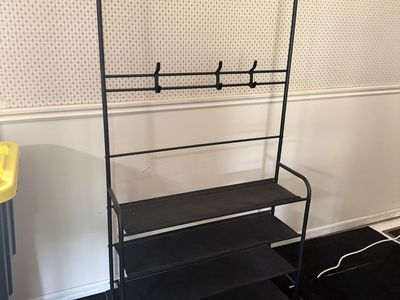 Black Metal Hall Tree with 3 Shoe Shelves & 8 Coat Hooks - Entryway Storage Organizer