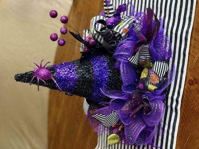 Handmade Halloween Witch Hat Centerpiece - Purple, Black & White Decor with Glitter Accents