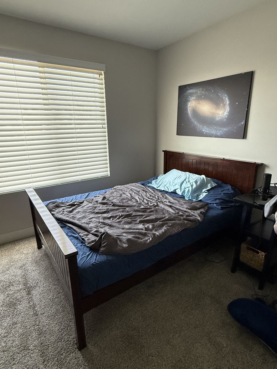 Wood Double Bed Frame - Dark Finish, Slatted Headboard & Footboard