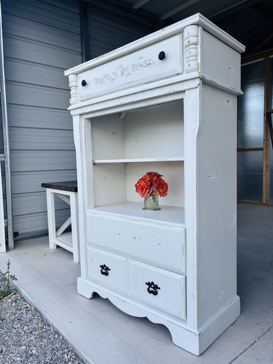 Distressed White Wooden Bookshelf/Dresser Combo - Shabby Chic Storage Unit