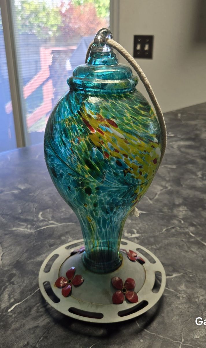 Blown Glass Hummingbird Feeder Teal Blue Multicolored Hanging
