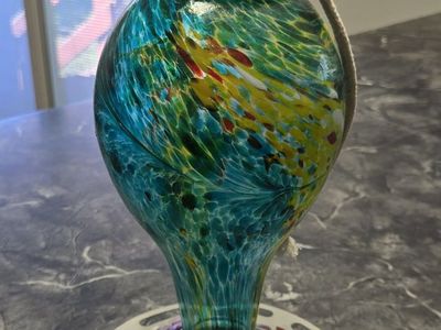 Blown Glass Hummingbird Feeder Teal Blue Multicolored Hanging