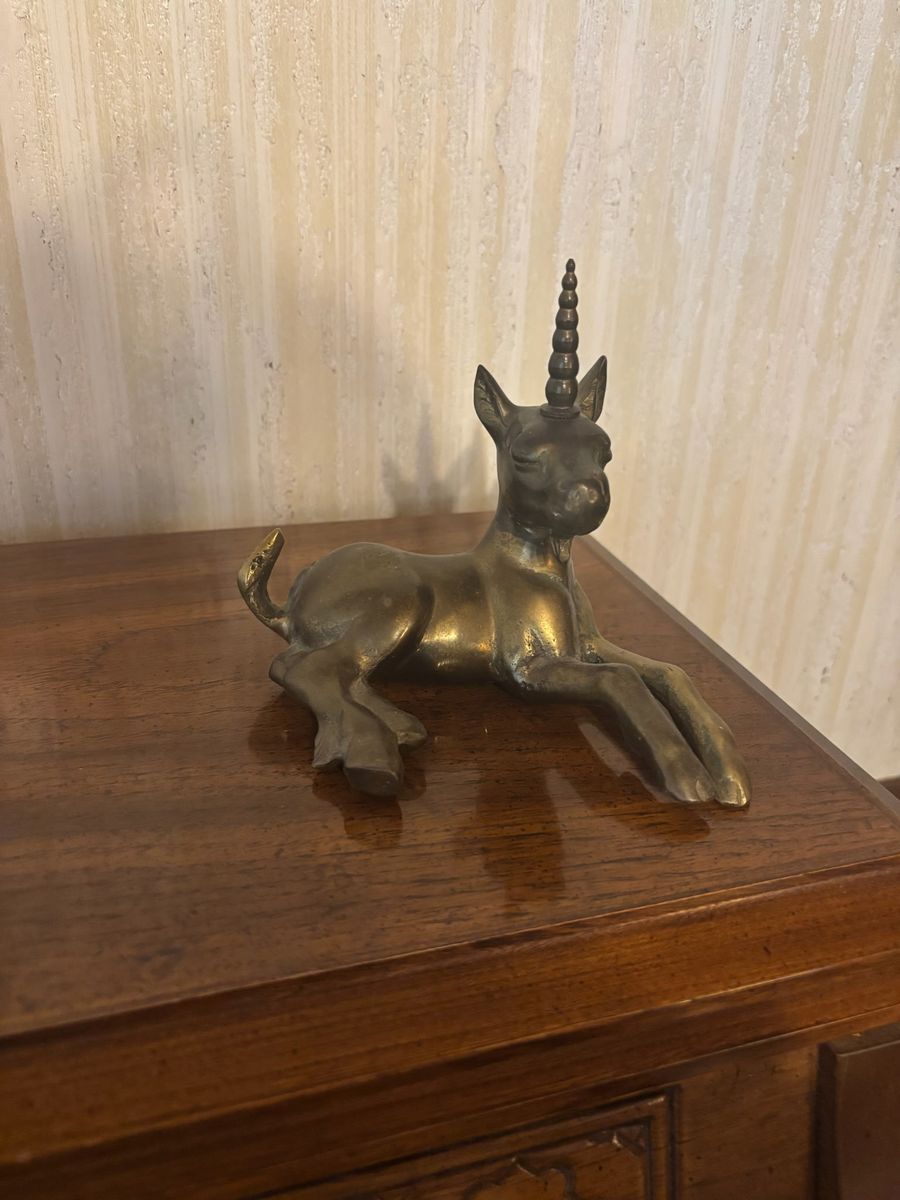 Vintage Solid Brass Baby Unicorn Figurine, Rare Sparkle Foal Statue, Midcentury Hollywood Regency