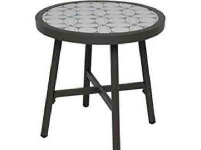 Round Outdoor Patio Side Table with Patterned Mosaic Tile Top