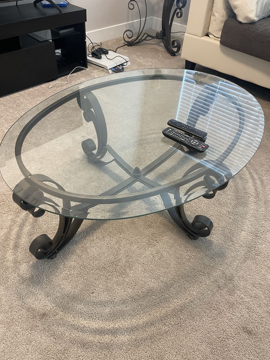 Glass Top Coffee Table with Wrought Iron Base