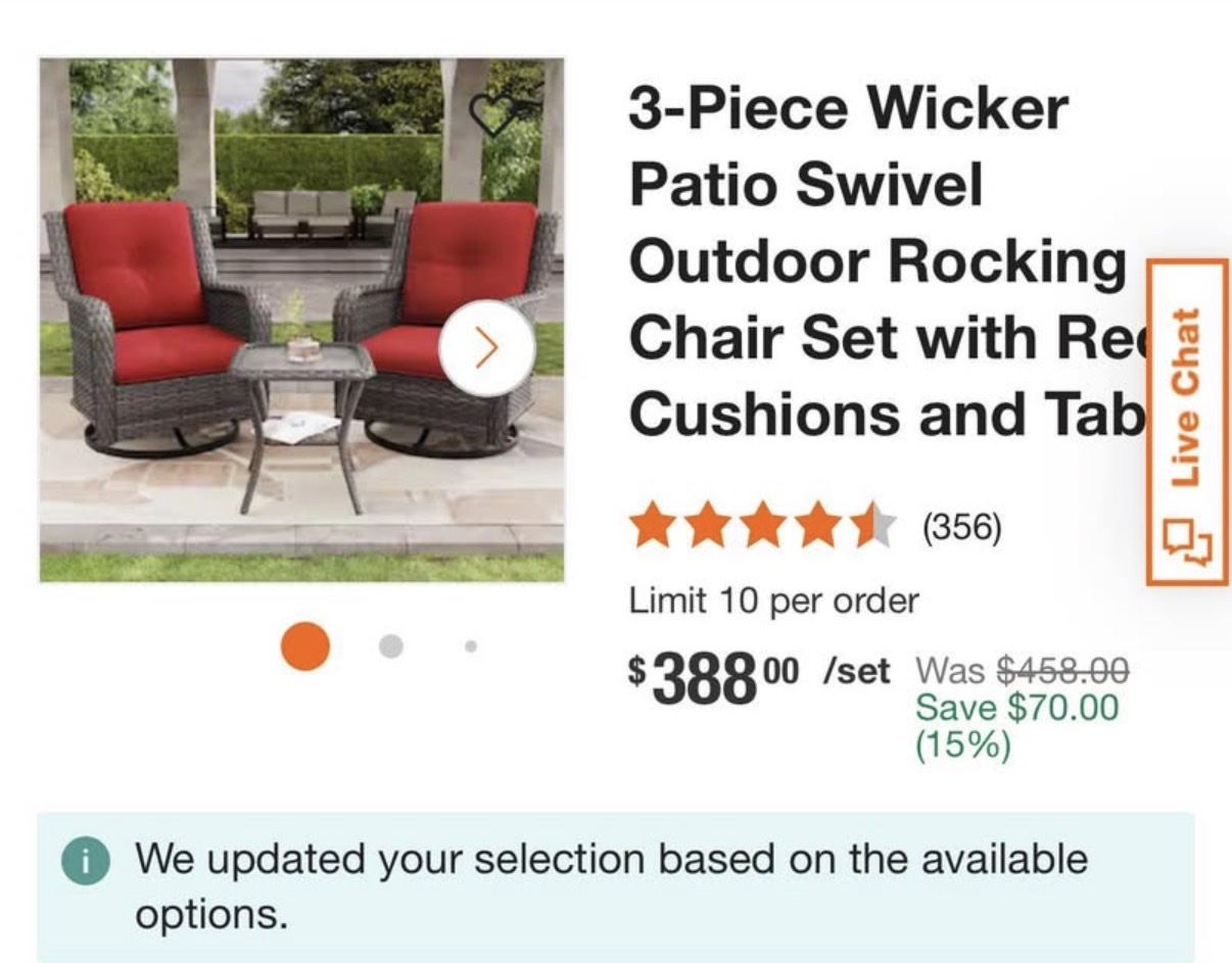 3-Piece Wicker Swivel Rocker Patio Set w/ Red Cushions & Table - New in Box