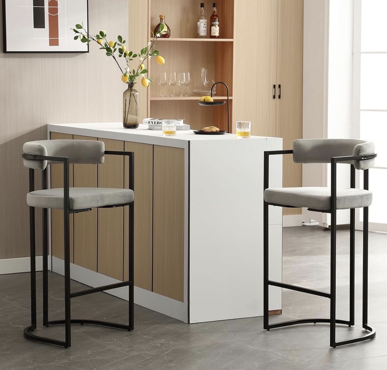 Grey Velvet Bar Stools Set of 2, 30 Inch Modern