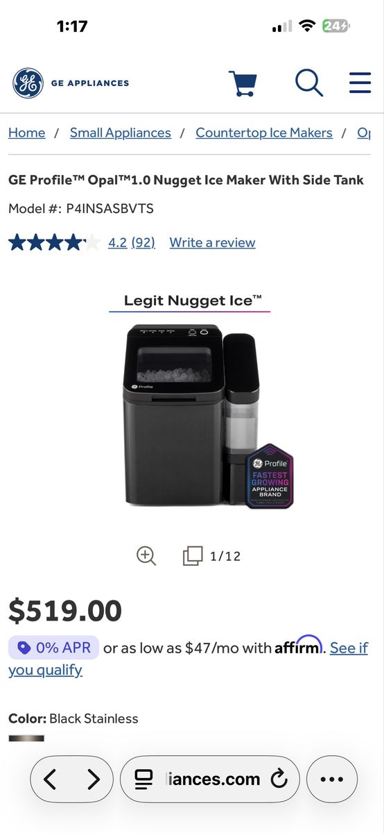 GE Profile Opal 1.0 Nugget Ice Maker w/ Side Tank, Black Stainless Steel P4INSASBVTS