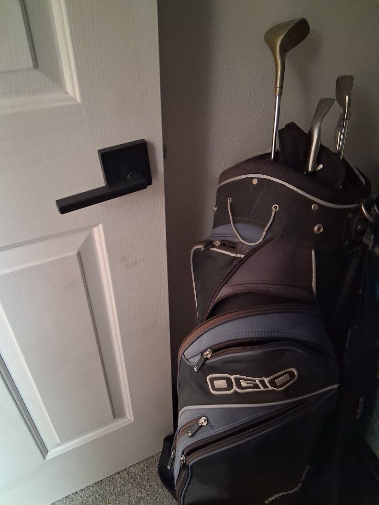 4 golf clubs 1 golf bag about 14 golf tees and about 45 golf balls