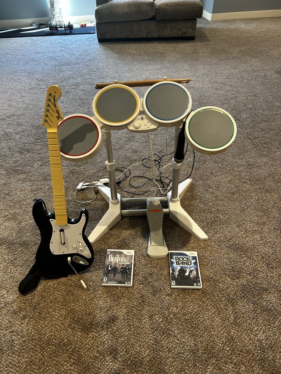 Nintendo Wii Rock Band Bundle - Drum Kit, Fender Stratocaster Guitar, Microphone, and 2 Games