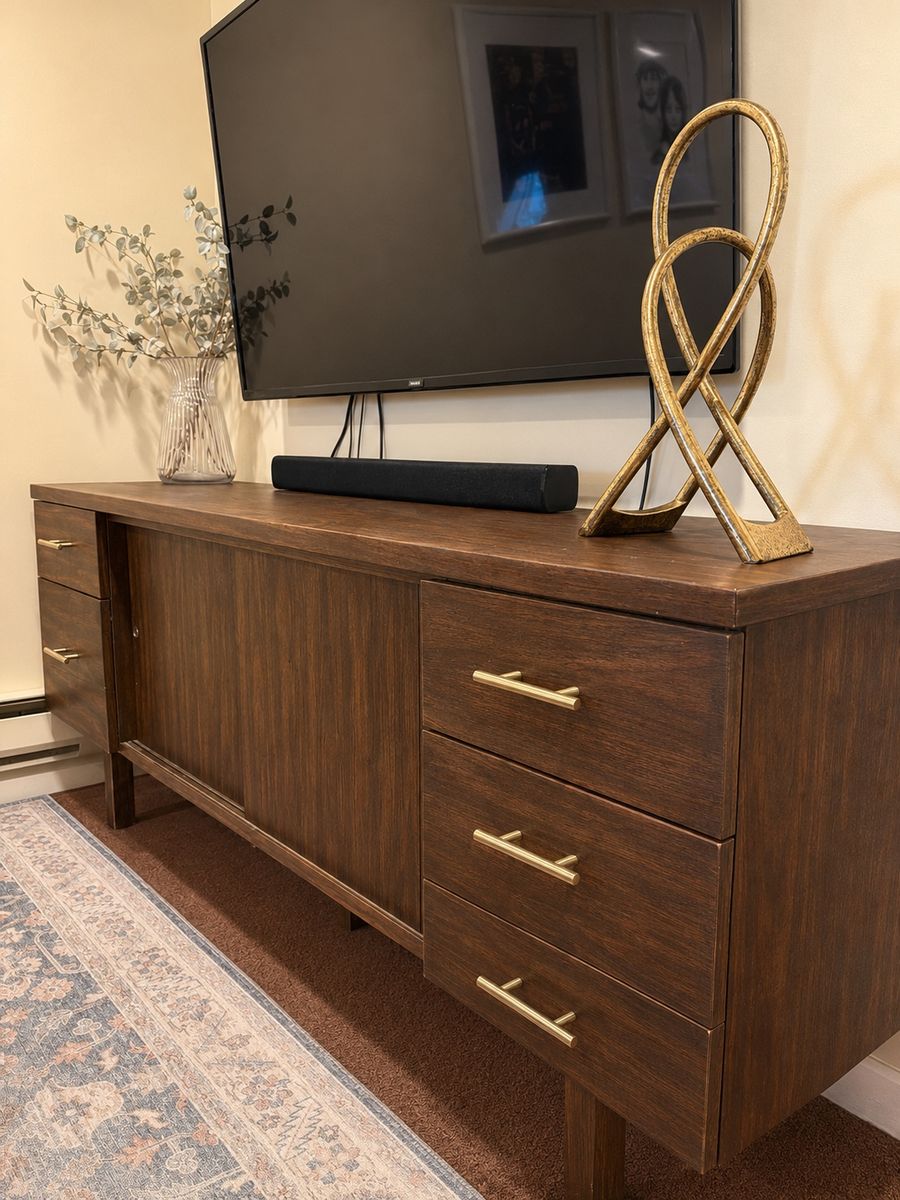 Mid-Century Modern Wood TV Stand Media Console w/ Storage & Gold Handles